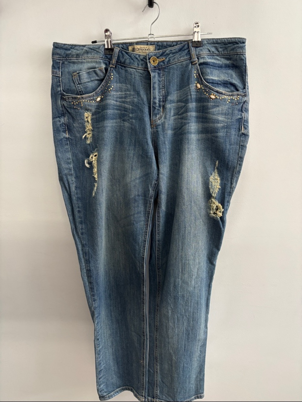 Democracy Straight-Leg Distressed Blue Jeans with Studded Pockets